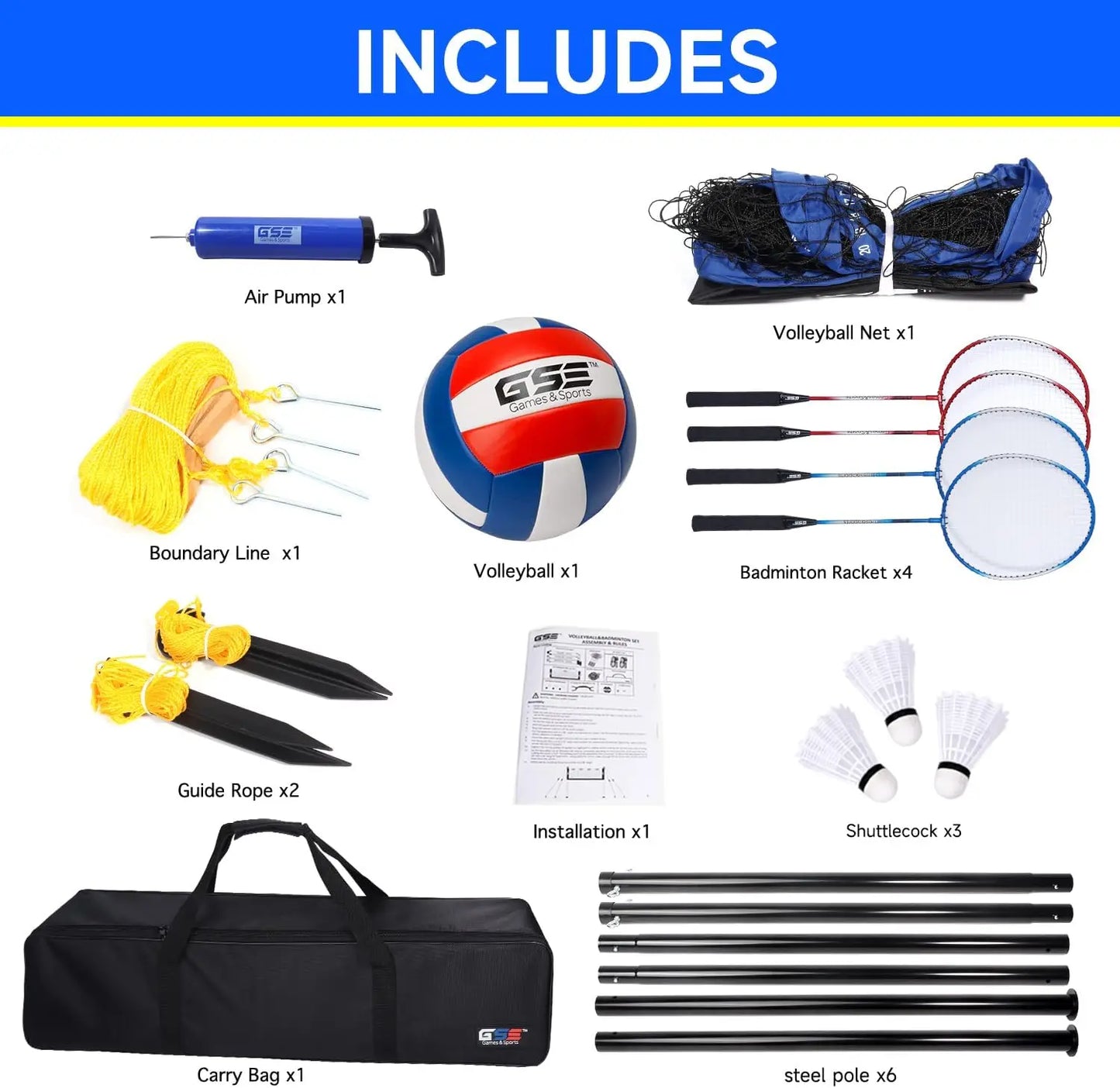 Outdoor Volleyball And Badminton Combo Set Net Racquets Ball Bag