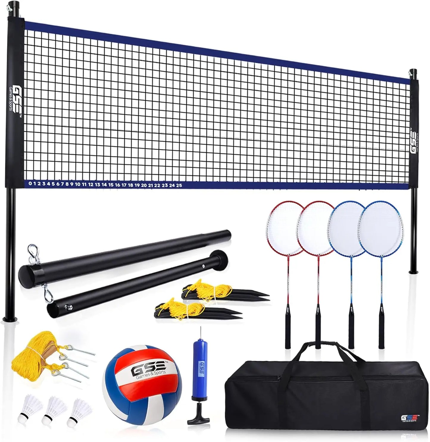 Outdoor Volleyball And Badminton Combo Set Net Racquets Ball Bag