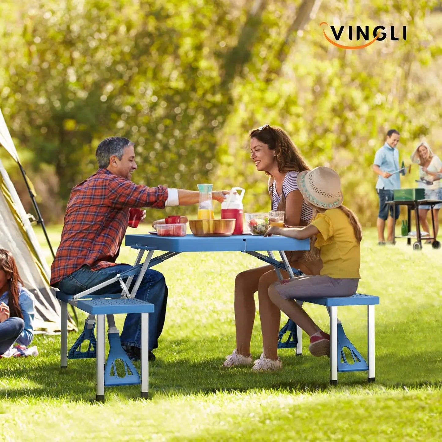 Aluminum Folding Camping Table Set With Seats And Umbrella Hole