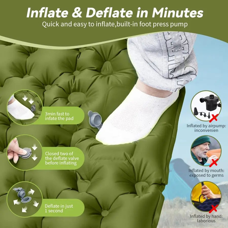 Self Inflating Sleeping Pad Extra Thick With Built In Pillow
