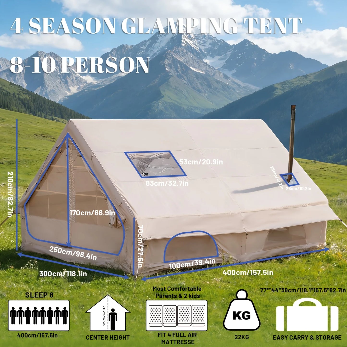 Pakicetus Large Inflatable Camping Tent With Skylight And Breathable Mesh