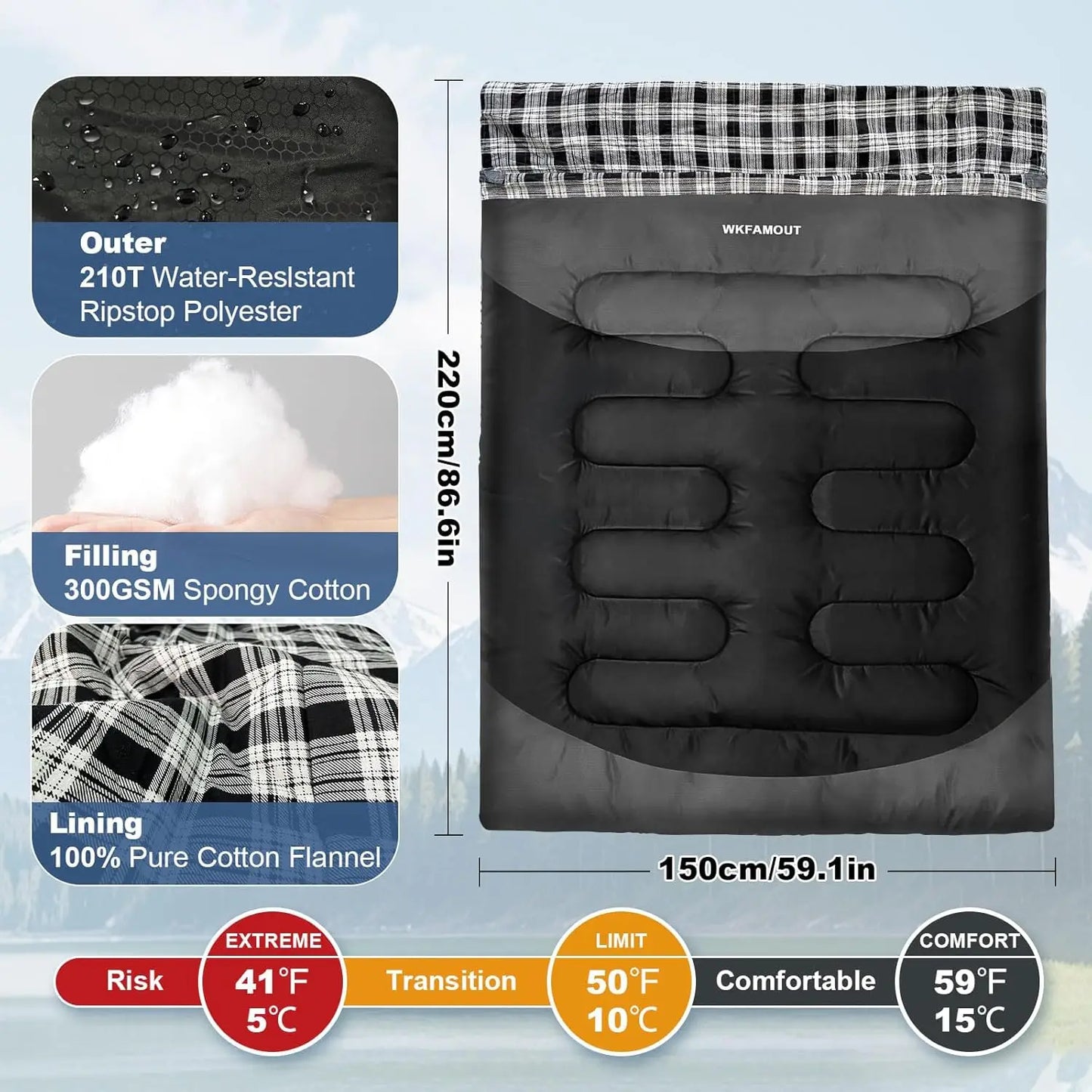 Waterproof Double Sleeping Bag for Adults With Compression Sack