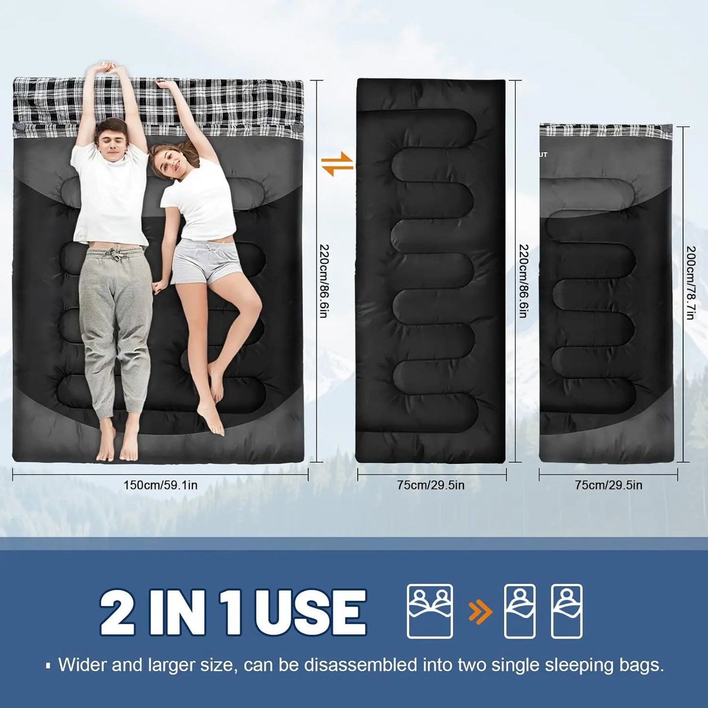 Waterproof Double Sleeping Bag for Adults With Compression Sack
