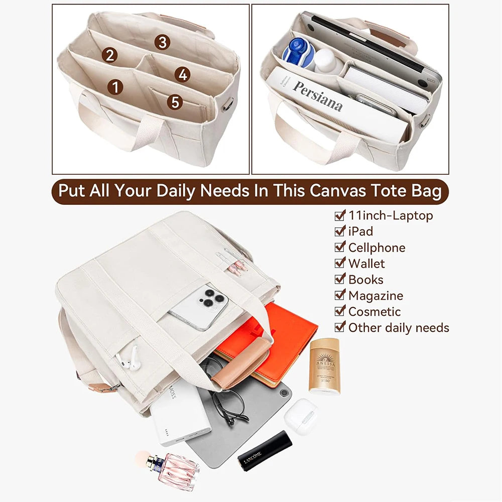 NONECN Canvas Tote Bag With Multiple Pockets And Large Capacity