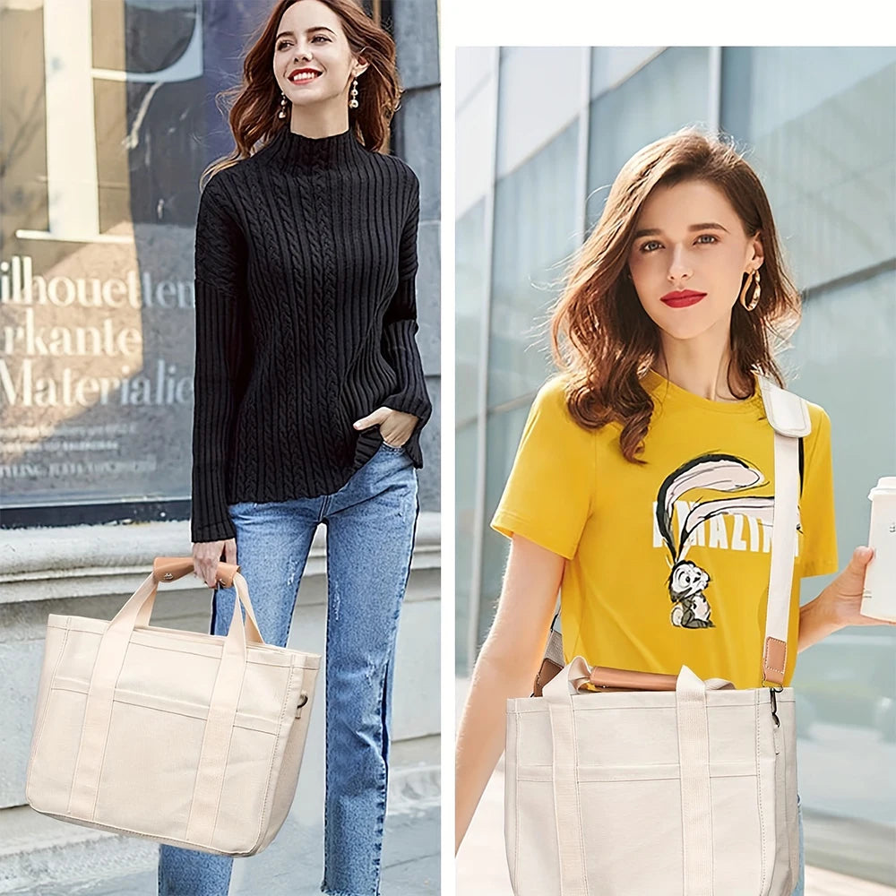 NONECN Canvas Tote Bag With Multiple Pockets And Large Capacity