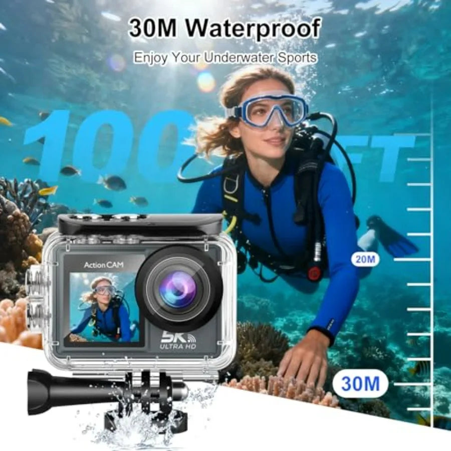 M40TR 5K WiFi Action Camera with Front LCD Touch Screen S 100FT Waterproof Underwater Camera 170 Ultra Wide Angle 5X Zoom Sport