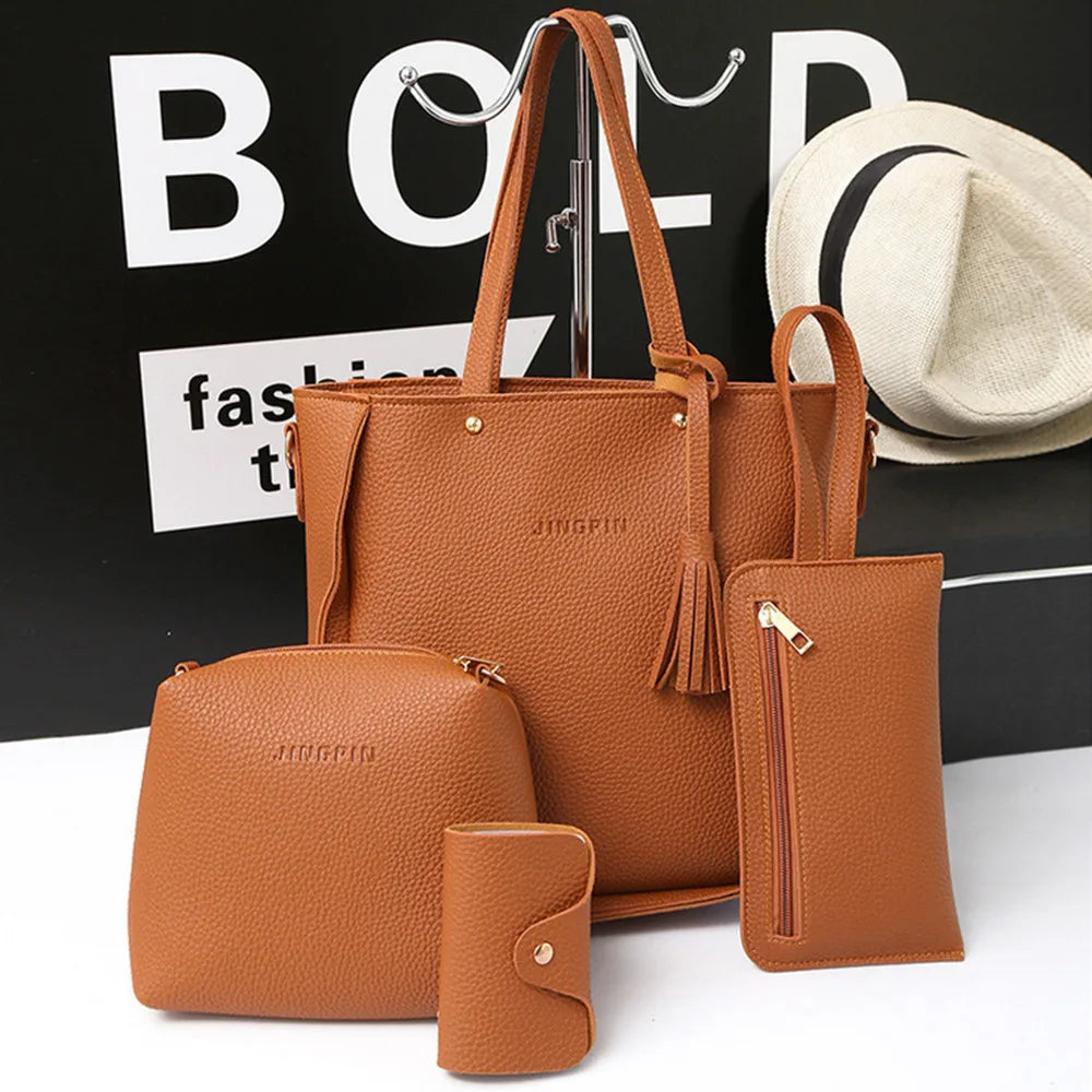Lychee Pattern Women's Handbag Set With Tassel Stylish EU Retro