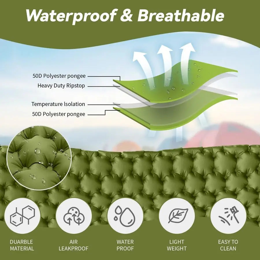 Self Inflating Sleeping Pad Extra Thick With Built In Pillow