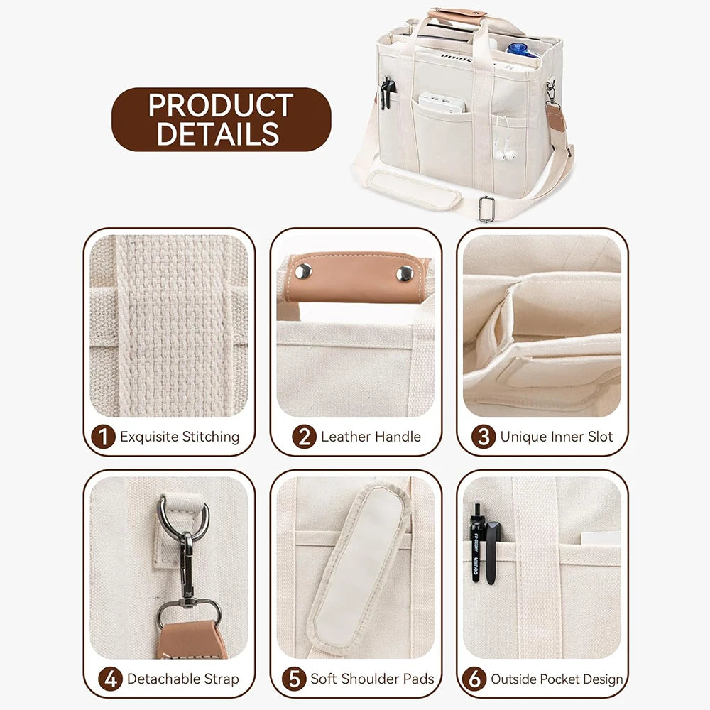 NONECN Canvas Tote Bag With Multiple Pockets And Large Capacity