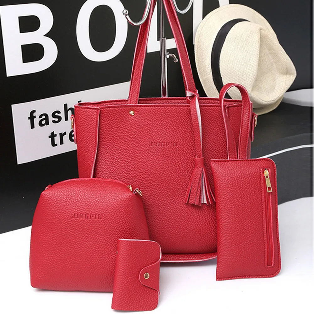 Lychee Pattern Women's Handbag Set With Tassel Stylish EU Retro