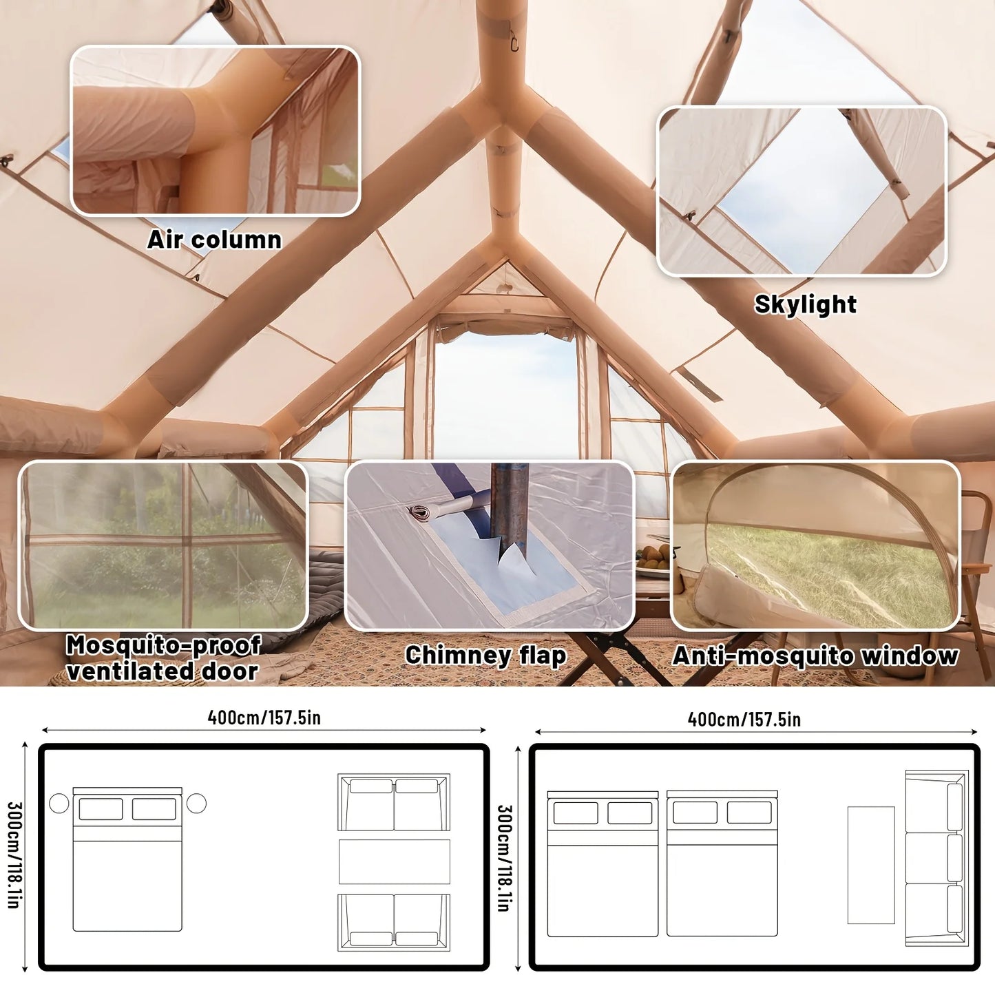 Pakicetus Large Inflatable Camping Tent With Skylight And Breathable Mesh