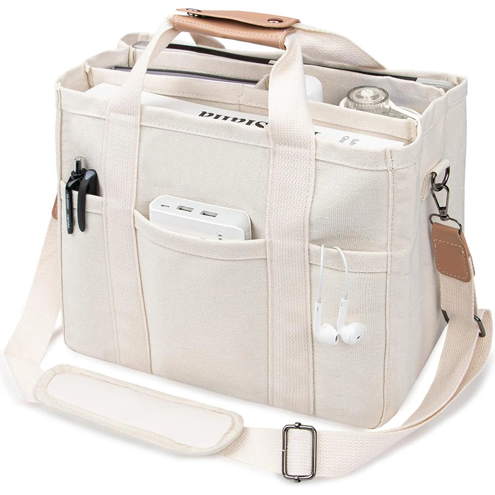 NONECN Canvas Tote Bag With Multiple Pockets And Large Capacity